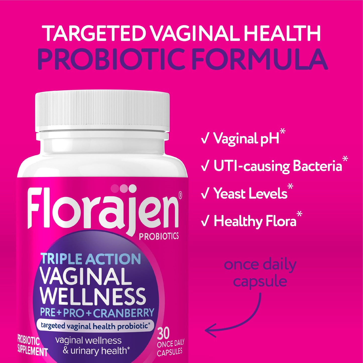 Florajen Women's Triple-Action Probiotic – Prebiotic + Cranberry (30 Count) – Gluten-Free & Vegan