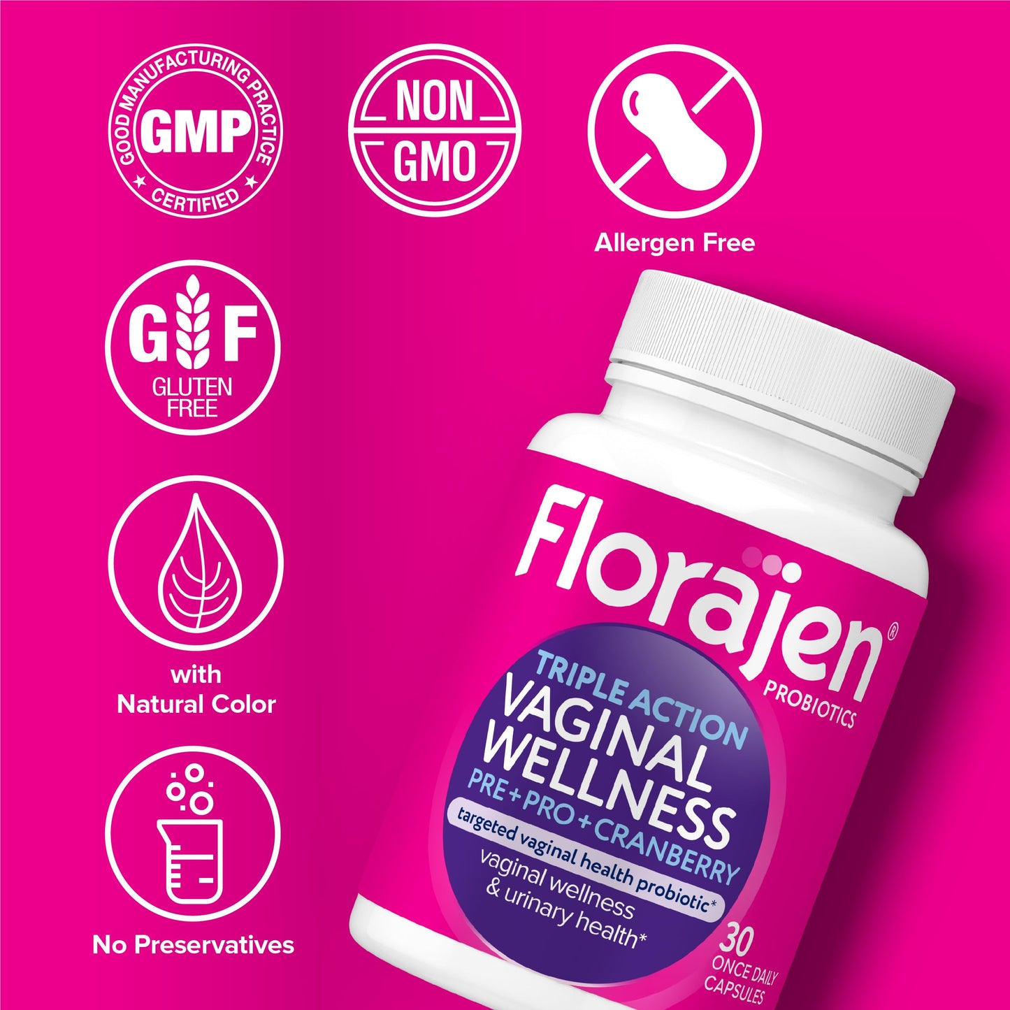 Florajen Women's Triple-Action Probiotic – Prebiotic + Cranberry (30 Count) – Gluten-Free & Vegan