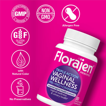 Florajen Women's Triple-Action Probiotic – Prebiotic + Cranberry (30 Count) – Gluten-Free & Vegan