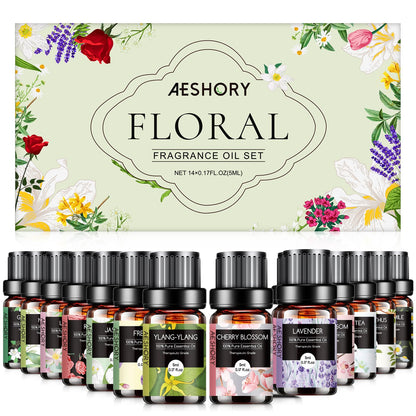 Floral Essential Oils Set - 14 Pcs for Diffusers, Aromatherapy & Candle Making | Lavender, Rose, Jasmine