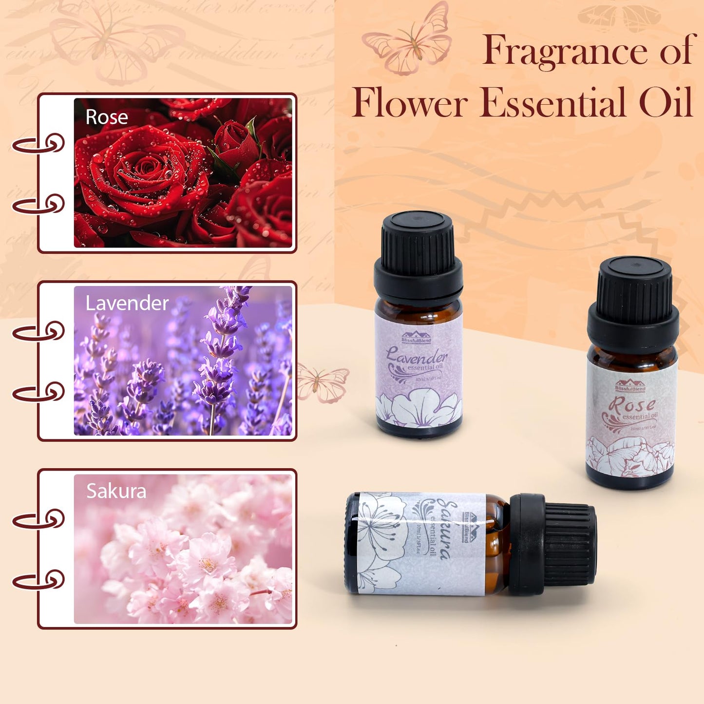 Floral Essential Oils Set – 6 x 10ml Diffuser Oils for Home, Hotel & Car (Lavender, Jasmine, Rose, Chamomile, Sakura, Gardenia)