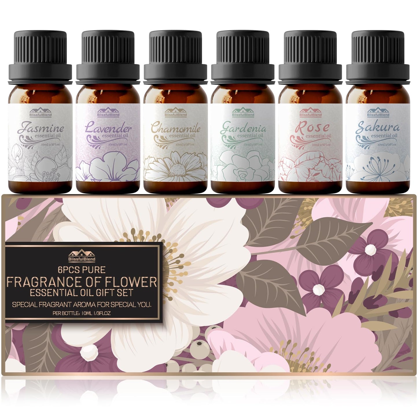 Floral Essential Oils Set – 6 x 10ml Diffuser Oils for Home, Hotel & Car (Lavender, Jasmine, Rose, Chamomile, Sakura, Gardenia)