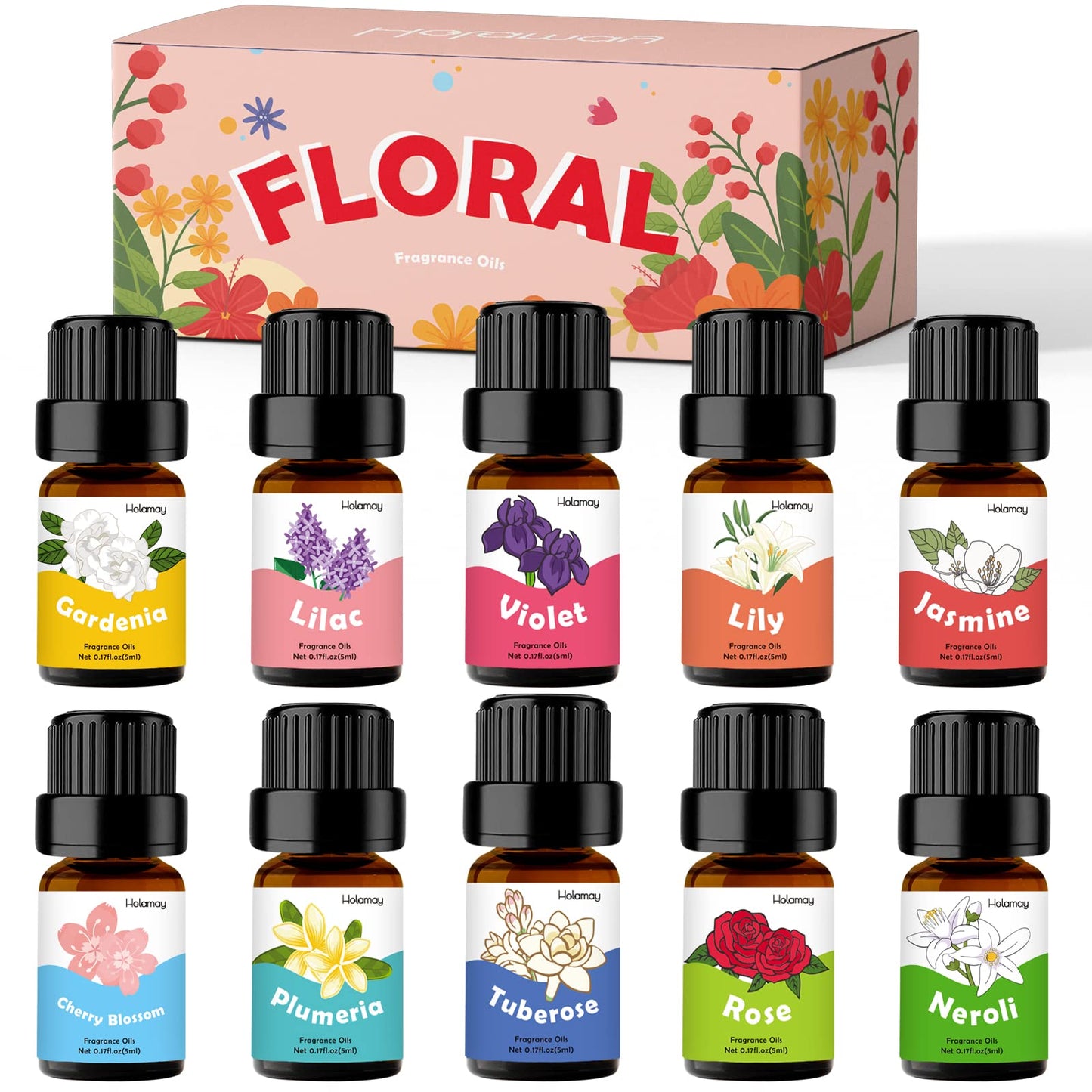Floral Essential Oils Set – Holamay Premium Fragrance Oils for Candle Making (5ml x10) – Rose, Jasmine, Neroli, Gardenia, Lilac & More