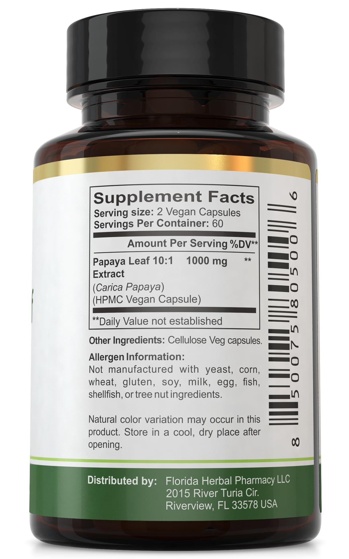 Florida Herbal Pharmacy Papaya Leaf Extract Capsules 10:1 – 120 Count