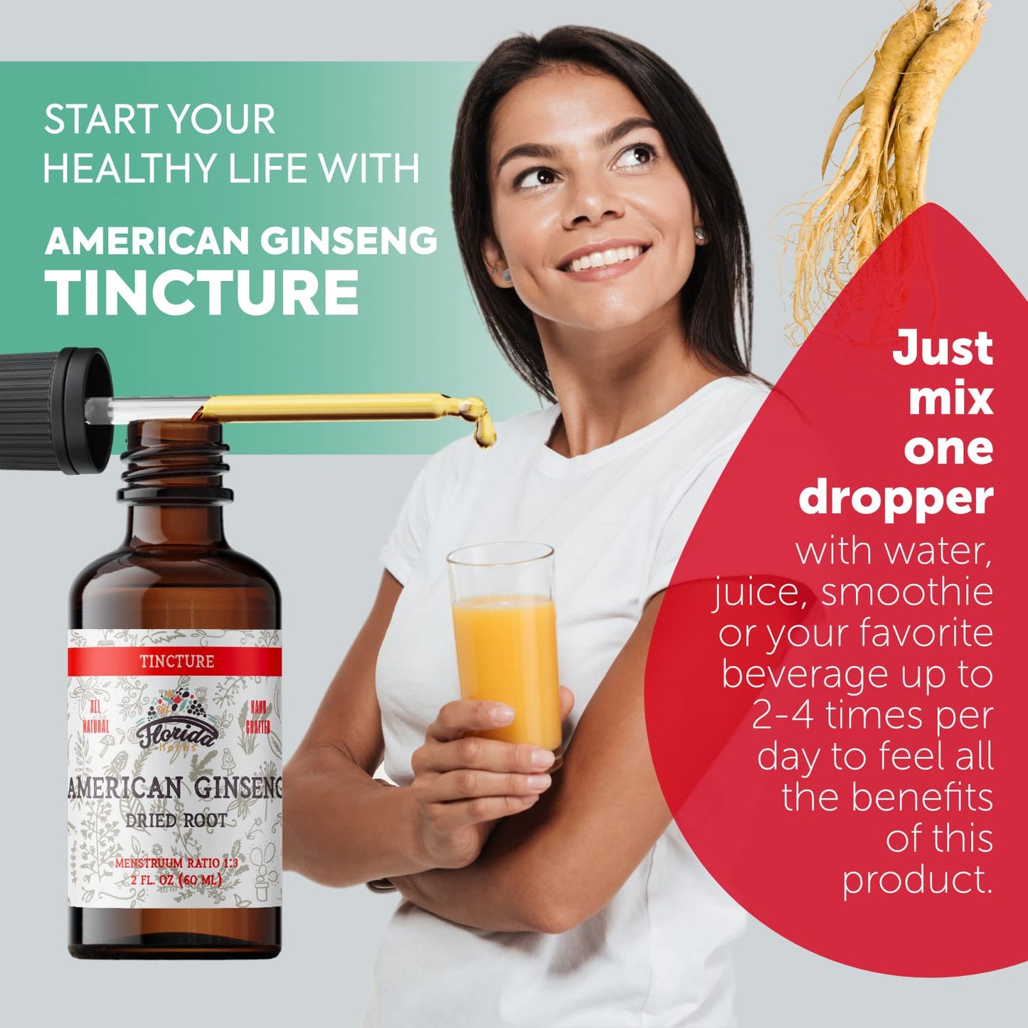 Florida Herbs American Ginseng Tincture – Organic Panax Quinquefolius, Non-GMO, Cold-Pressed Glycerin, 700 mg, 2 oz
