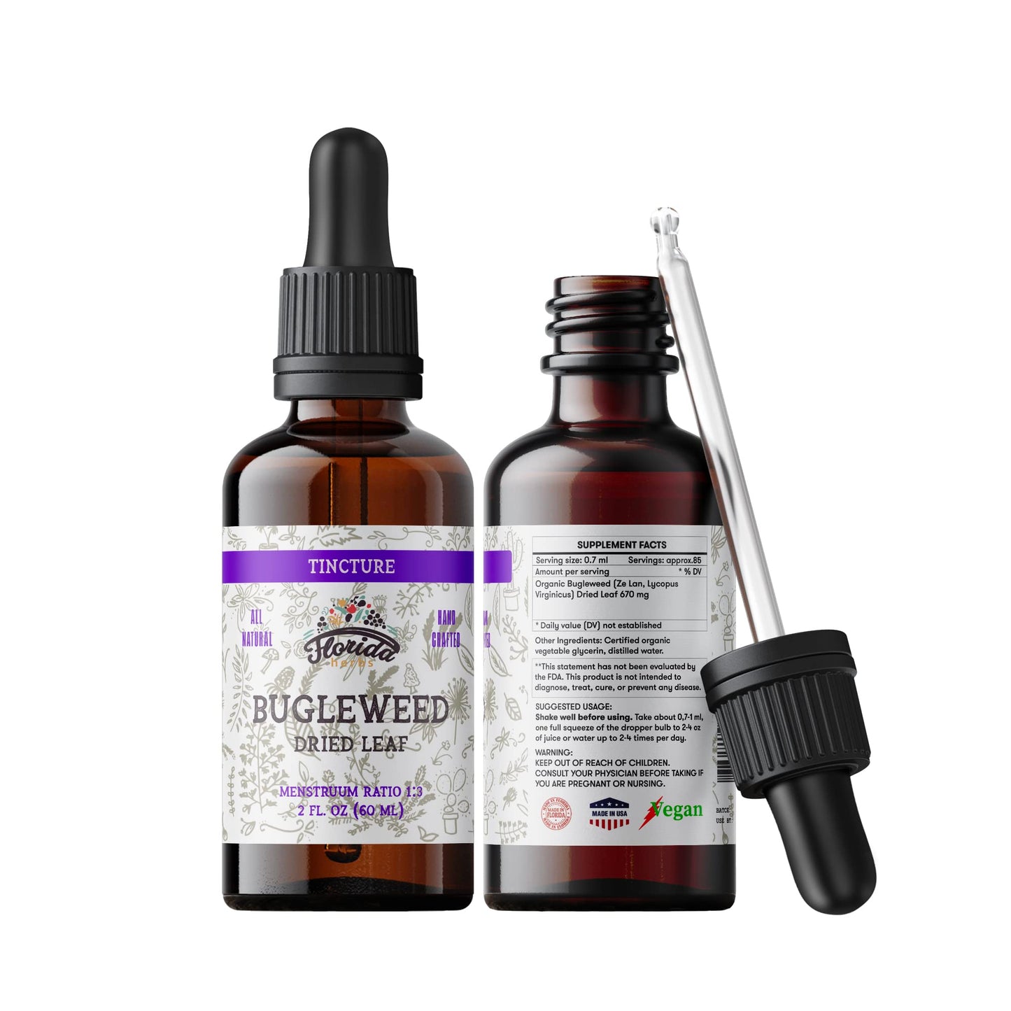 Bugleweed Tincture - Organic Florida Herbs, 2 oz (700 mg) - Non-GMO