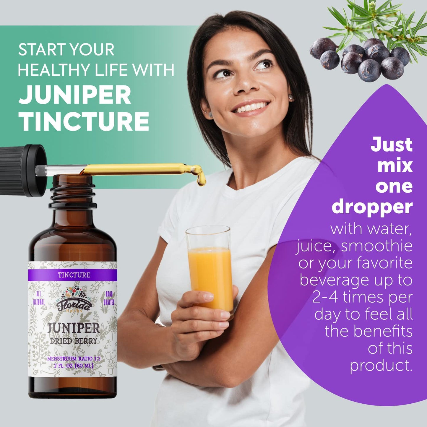 FLORIDA HERBS Juniper Tincture - Alcohol-Free Organic Juniper Berry 2 oz
