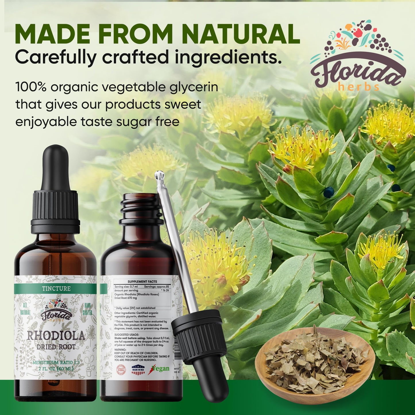 Florida Herbs Rhodiola Tincture – Organic Rhodiola Rosea Extract (2 oz, 670 mg) Non-GMO