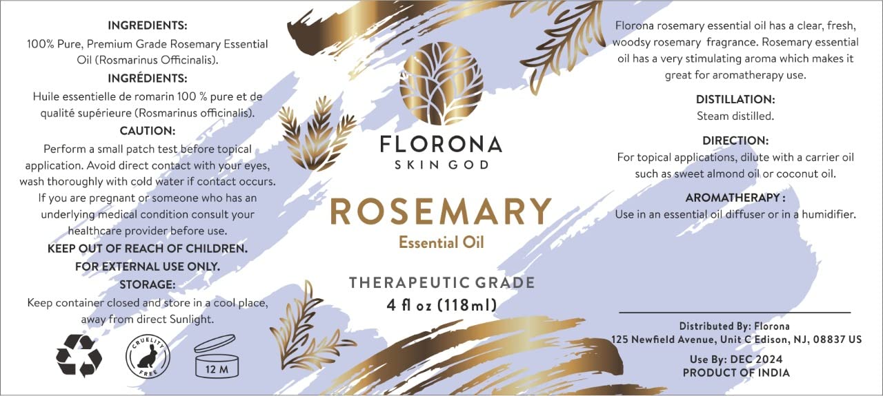 Florona Rosemary Essential Oil - 100% Pure & Natural, 4 oz | Hair & Skin Care, Aromatherapy