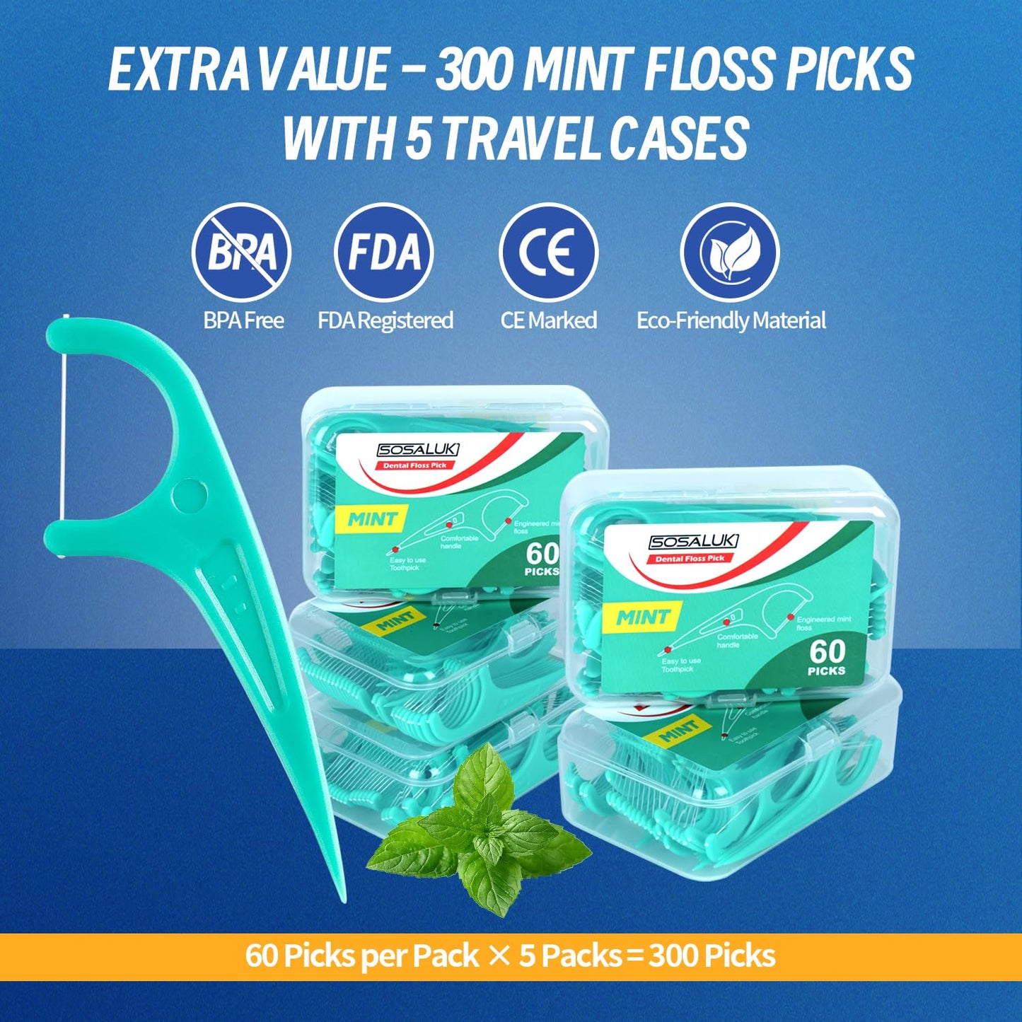 Floss Picks 300 Count Mint – 5 Travel Cases | Prevent Cavities