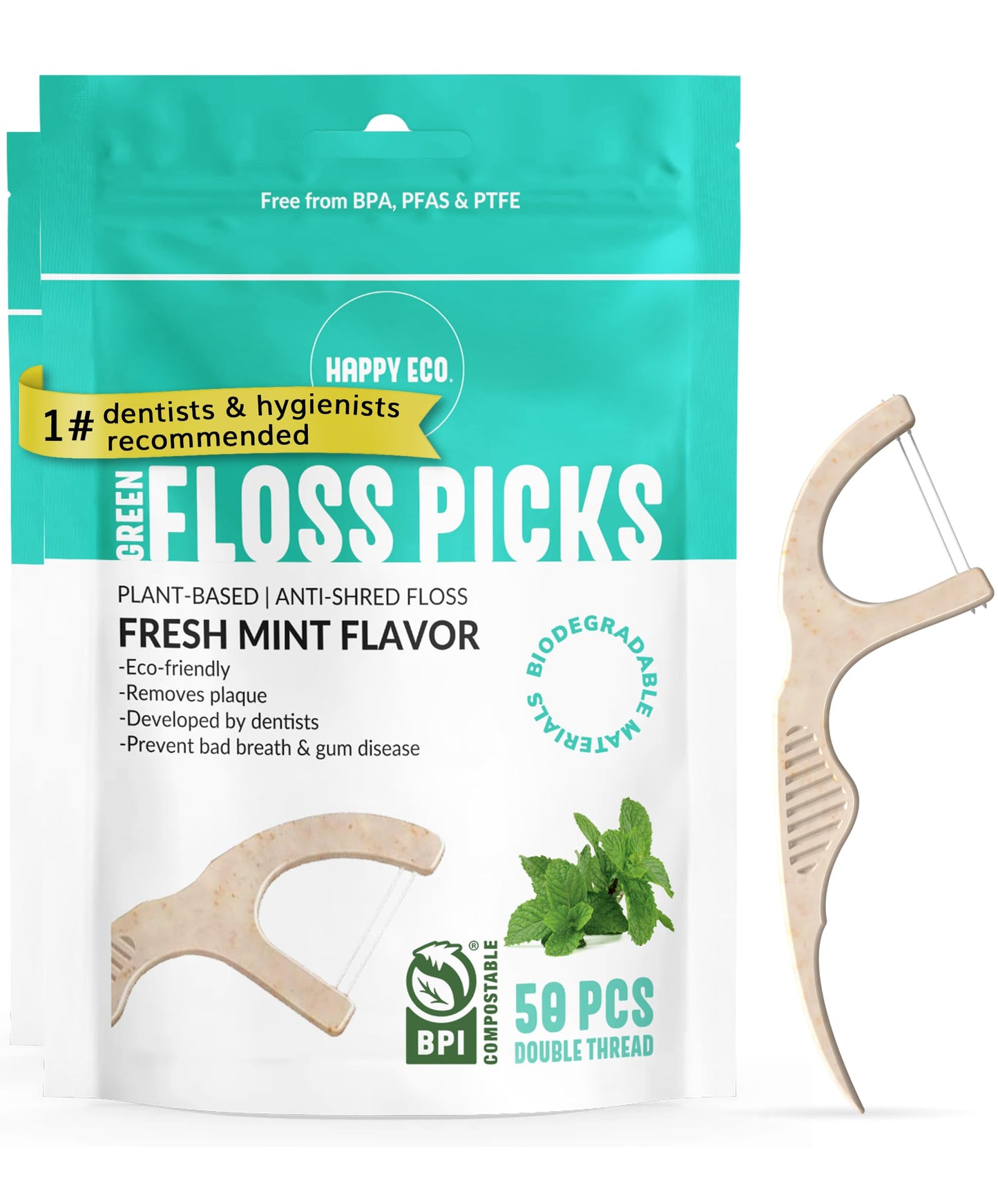 Biodegradable Floss Picks (100pcs) – Plant-Based, Vegan, Eco Mint