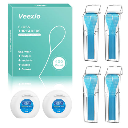 Floss Threaders 400 Count (4 Pack) + Mint Waxed Floss 50m - For Braces, Bridges, Implants & Permanent Retainers