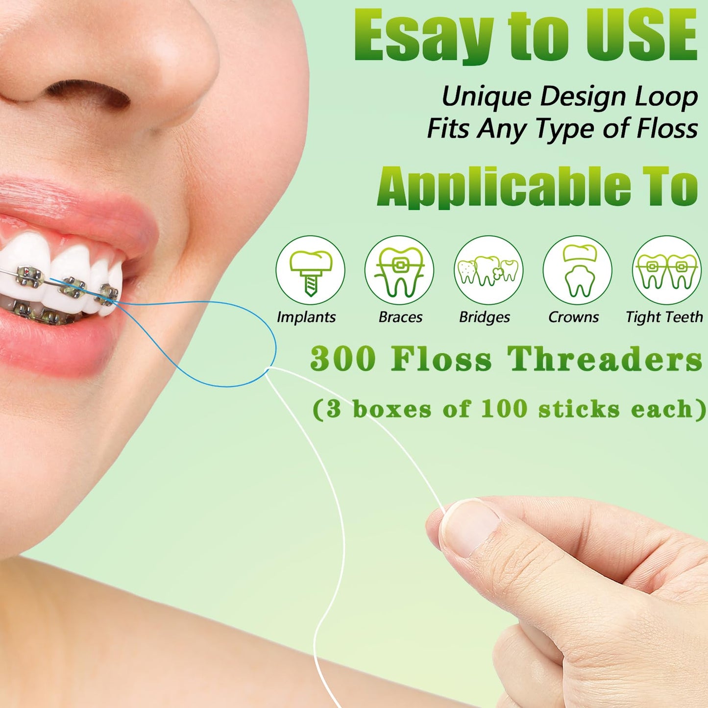 Floss Threaders, Orthodontic Threader, Ultraclean Access Tool for Maintaining Oral Health with Braces, Bridges, and Implants 300 Count (Pack of 3)