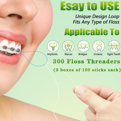Floss Threaders, Orthodontic Threader, Ultraclean Access Tool for Maintaining Oral Health with Braces, Bridges, and Implants 300 Count (Pack of 3)
