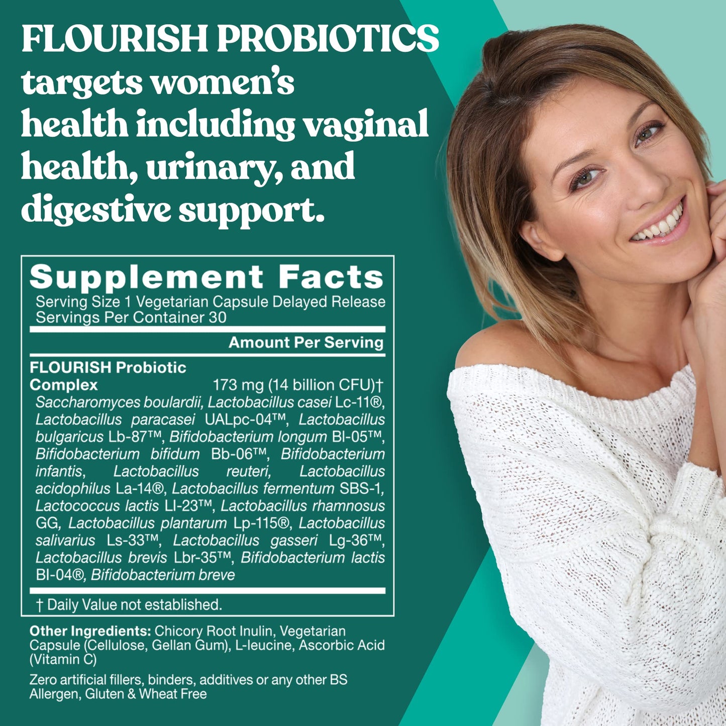 Flourish Probiotics + Prebiotics for Women – Gut & Urinary Health, Bloating Relief, Vaginal Wellness | 18 Strains, 14B CFU, 30 Mini Vegan Capsules
