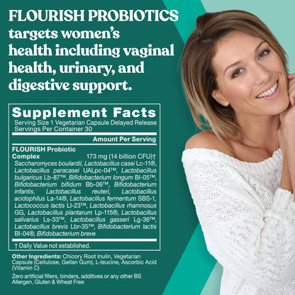 Flourish Probiotics + Prebiotics for Women – Gut & Urinary Health, Bloating Relief, Vaginal Wellness | 18 Strains, 14B CFU, 30 Mini Vegan Capsules