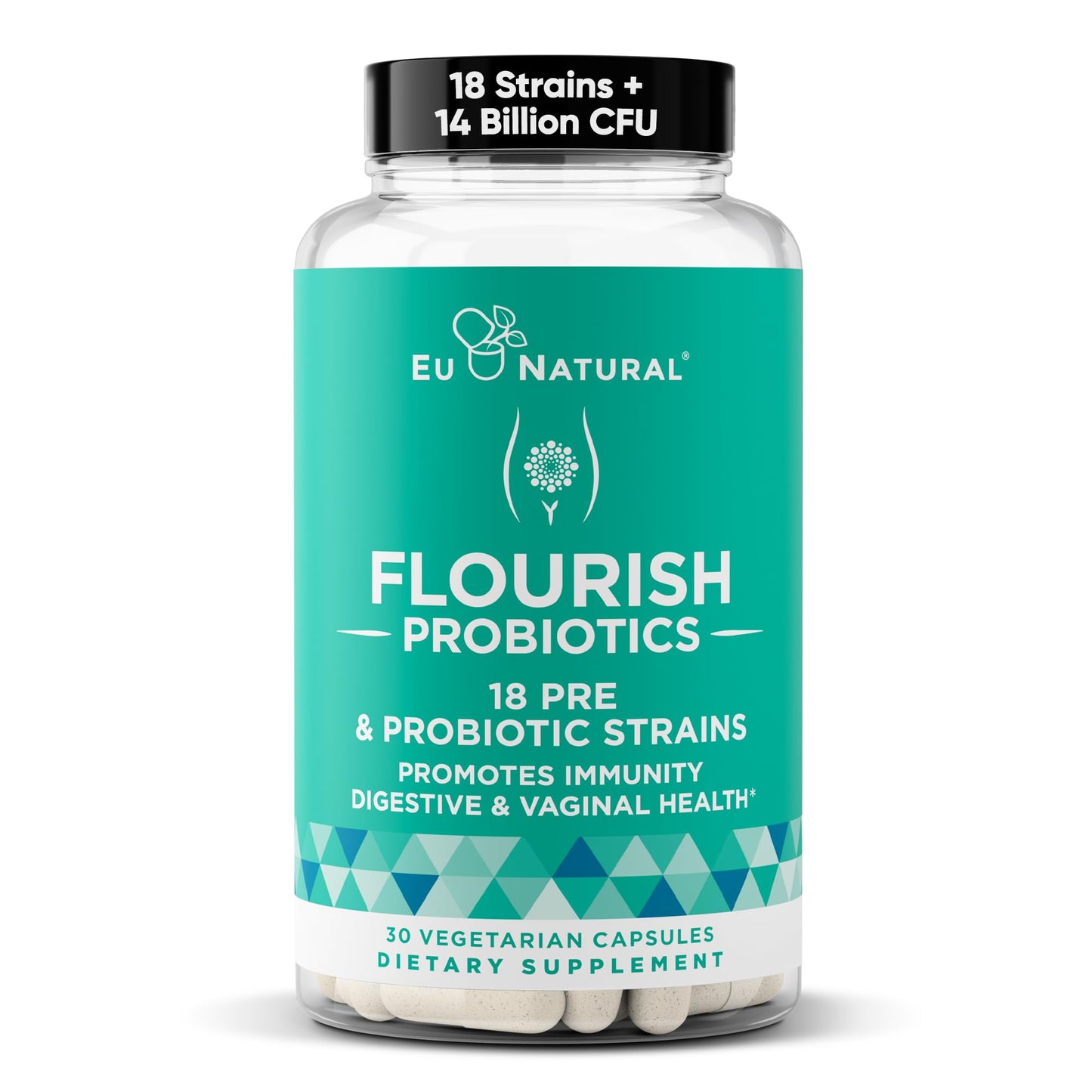Flourish Probiotics + Prebiotics for Women – Gut & Urinary Health, Bloating Relief, Vaginal Wellness | 18 Strains, 14B CFU, 30 Mini Vegan Capsules