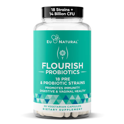 Flourish Probiotics + Prebiotics for Women – Gut & Urinary Health, Bloating Relief, Vaginal Wellness | 18 Strains, 14B CFU, 30 Mini Vegan Capsules