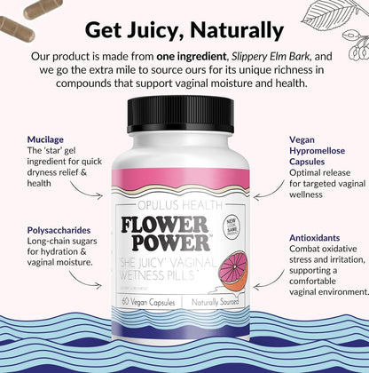 Flower Power Vaginal Moisturizer Capsules | 60 Count | End Vaginal Dryness with Slippery Elm Bark | Made in USA