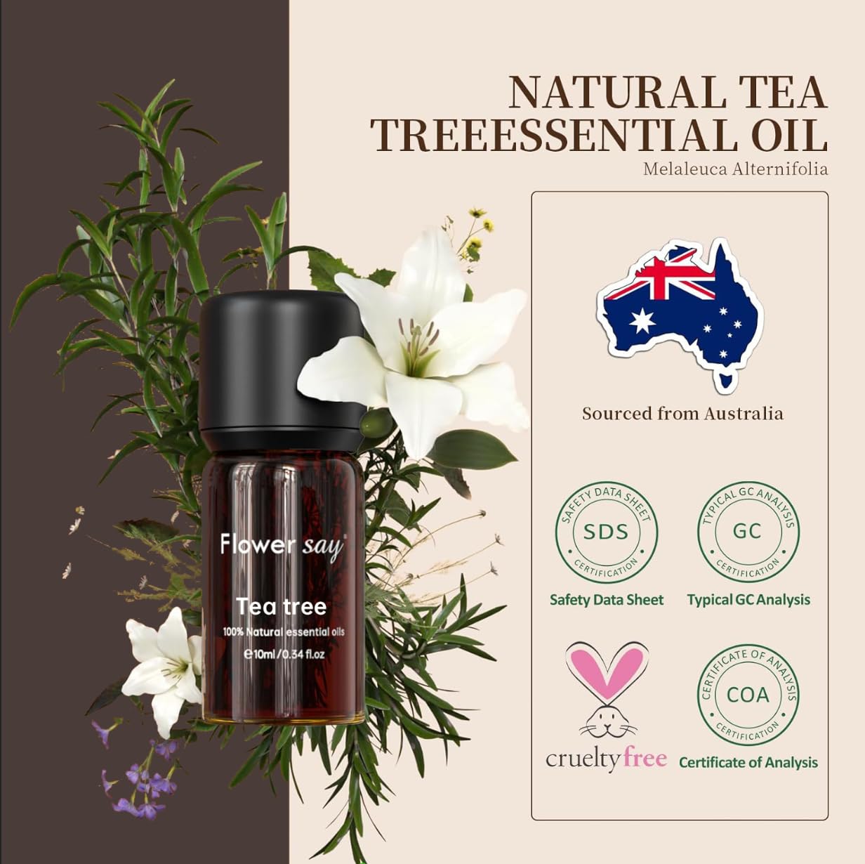 Flower Say USDA Organic Tea Tree Oil 10ml – 100% Pure Australian Tea Tree Essential Oil for Skin, Nails, Scalp, Diffuser