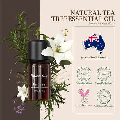 Flower Say USDA Organic Tea Tree Oil 10ml – 100% Pure Australian Tea Tree Essential Oil for Skin, Nails, Scalp, Diffuser