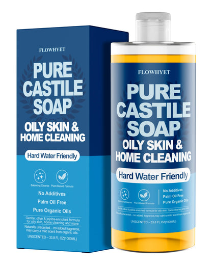 FLOWHYET Pure Castile Soap Liquid Unscented 33.8 oz – 3X Concentrated
