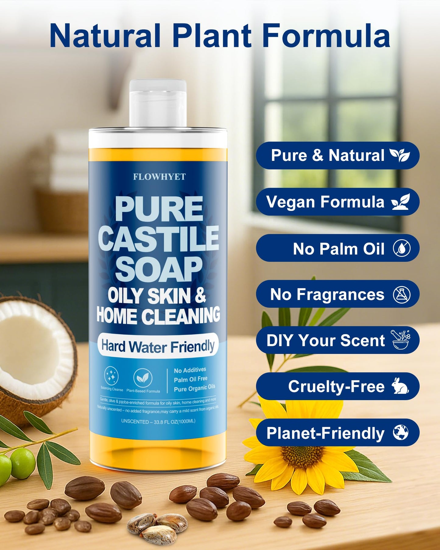FLOWHYET Pure Castile Soap Liquid Unscented 33.8 oz – 3X Concentrated