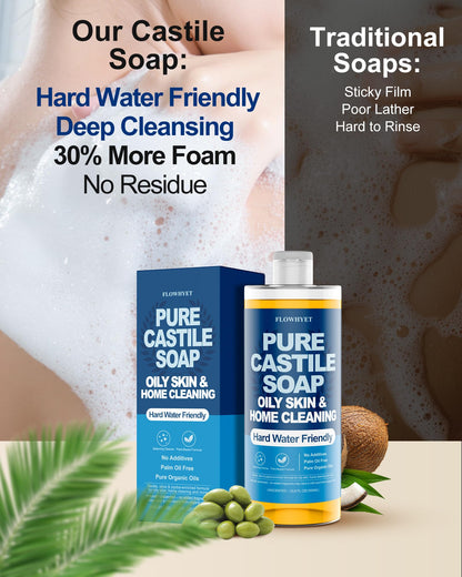 FLOWHYET Pure Castile Soap Liquid Unscented 33.8 oz – 3X Concentrated