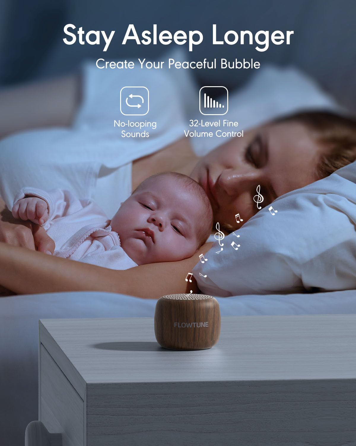 Flowtune Mini Portable White Noise Machine – 18 Sleep Sounds, 6H Timer, Wood Grain