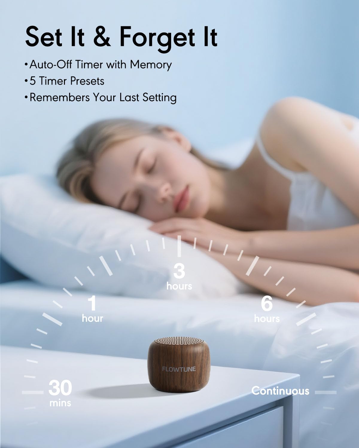 Flowtune Mini Portable White Noise Machine – 18 Sleep Sounds, 6H Timer, Wood Grain