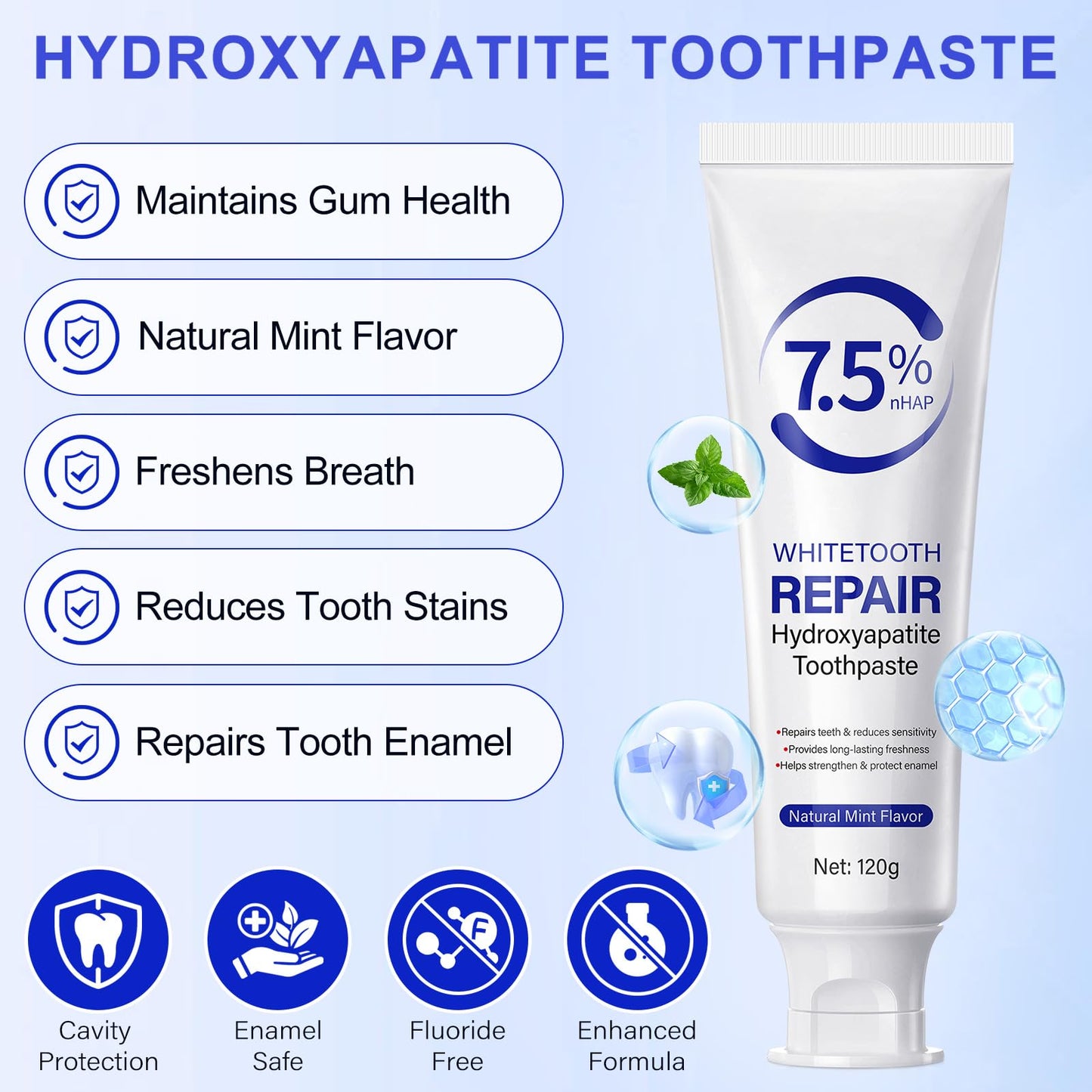 7.5% Hydroxyapatite Toothpaste – Enamel Protection, Fluoride-Free, Gentle Mint