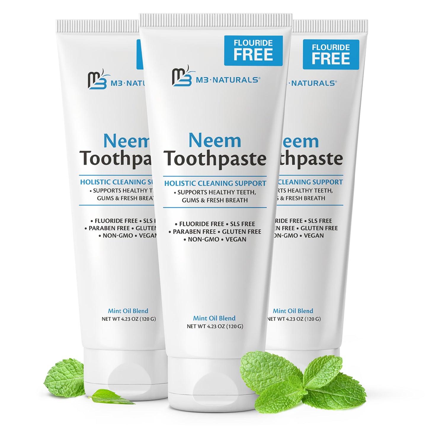 Fluoride-Free Neem Toothpaste with Mint for Adults & Kids – Vegan, Gluten & SLS Free | 4.23 oz (120 g) Pack of 3 by M3