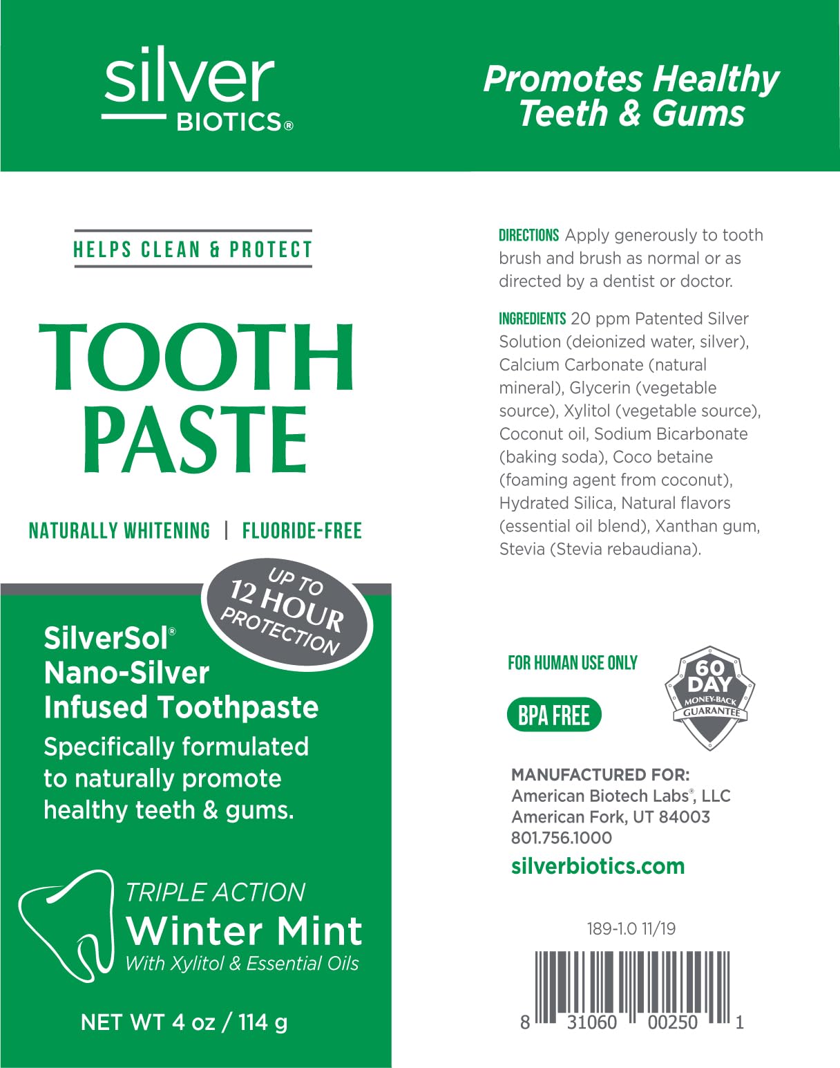 Silver Biotics Tooth Paste | SilverSol 20 ppm Nano-Silver, Winter Mint, Fluoride-Free, 4 oz