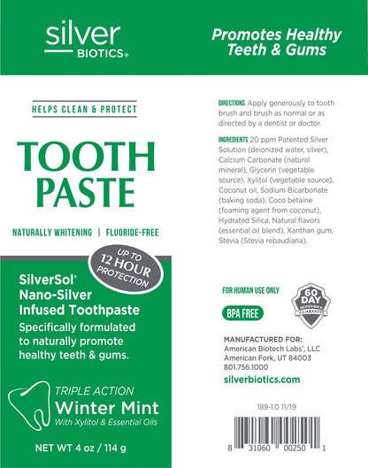 Silver Biotics Tooth Paste | SilverSol 20 ppm Nano-Silver, Winter Mint, Fluoride-Free, 4 oz