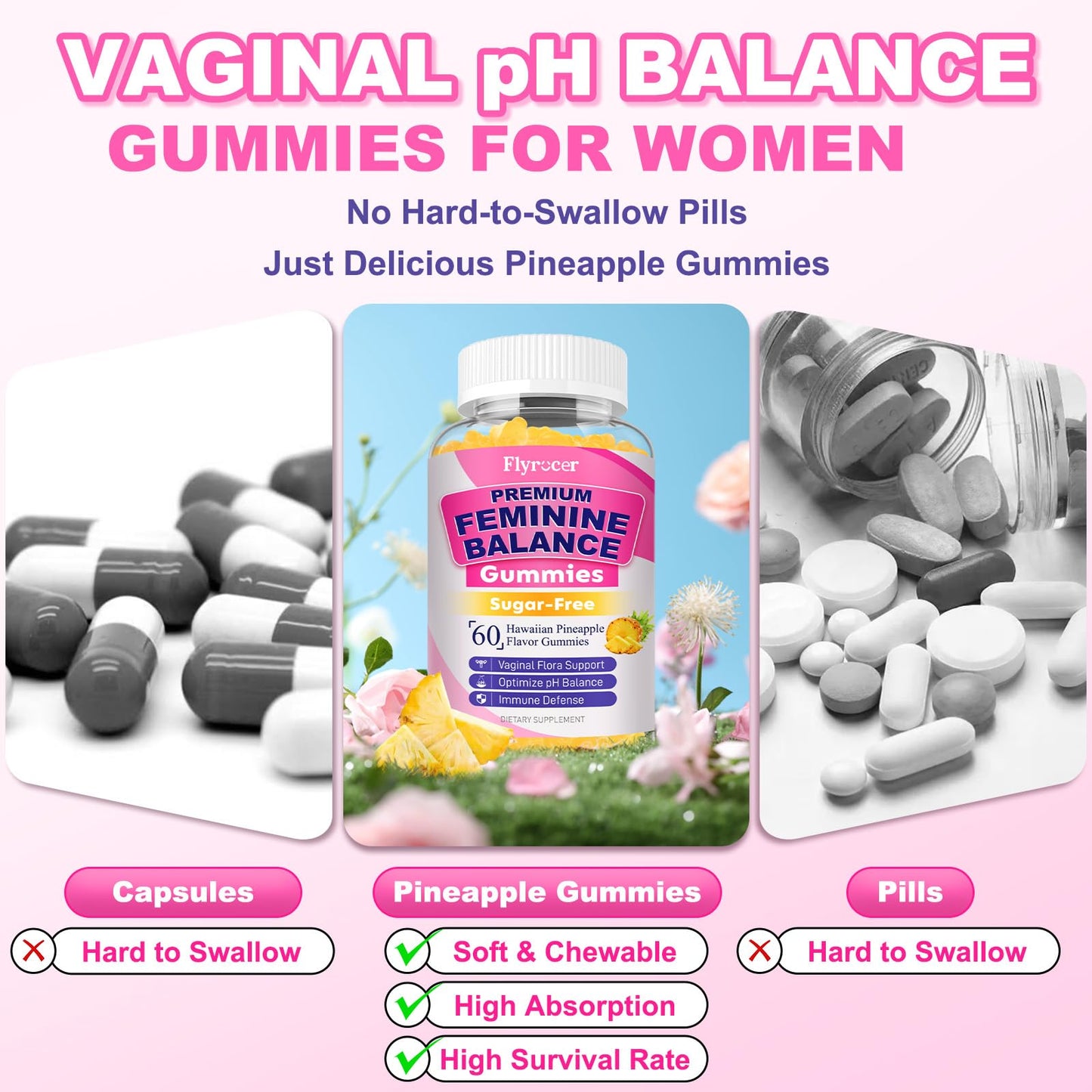Flyrocer 2 Pack Feminine Balance Gummies — PH Balance, Gut Health & Immunity | Pineapple 120 Count