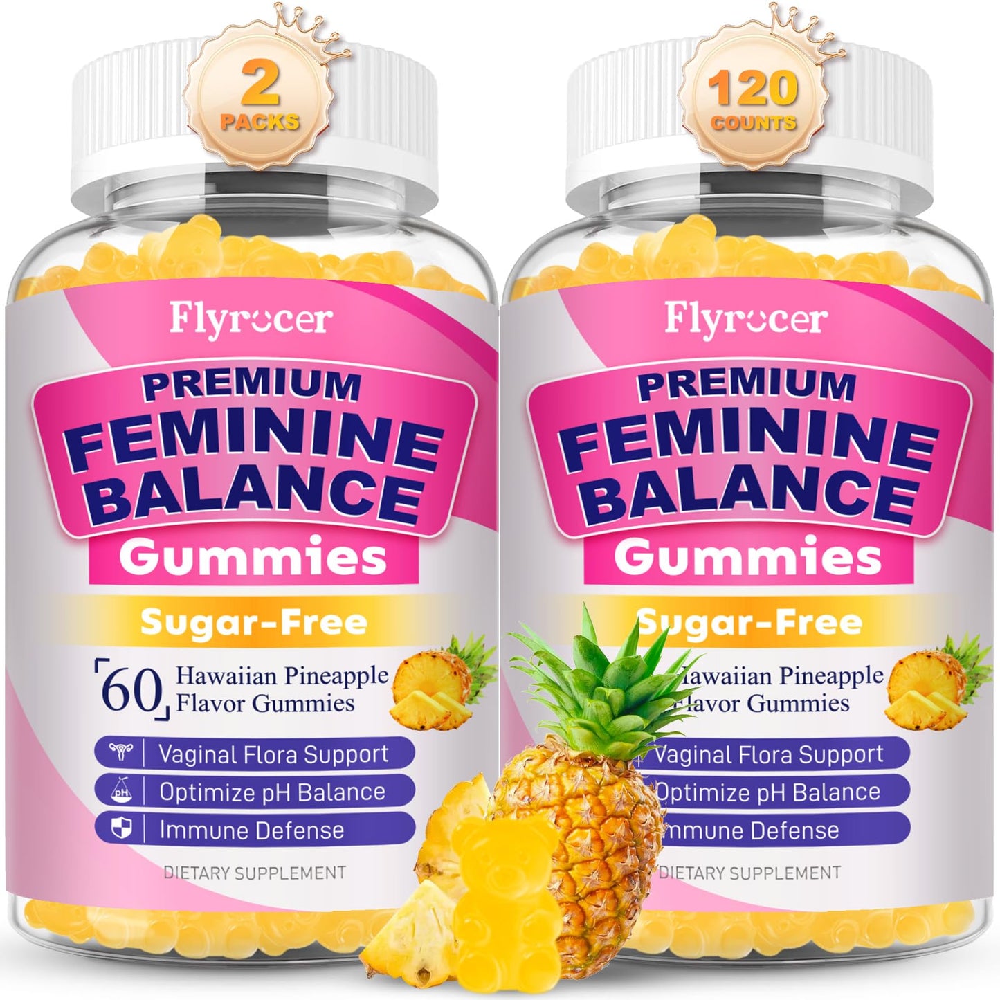 Flyrocer 2 Pack Feminine Balance Gummies — PH Balance, Gut Health & Immunity | Pineapple 120 Count