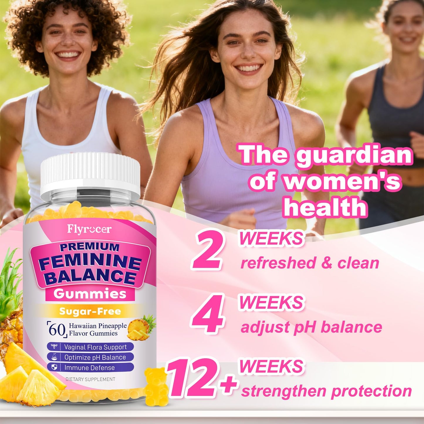 Flyrocer 2 Pack Feminine Balance Gummies — PH Balance, Gut Health & Immunity | Pineapple 120 Count