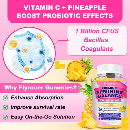 Flyrocer 2 Pack Feminine Balance Gummies — PH Balance, Gut Health & Immunity | Pineapple 120 Count