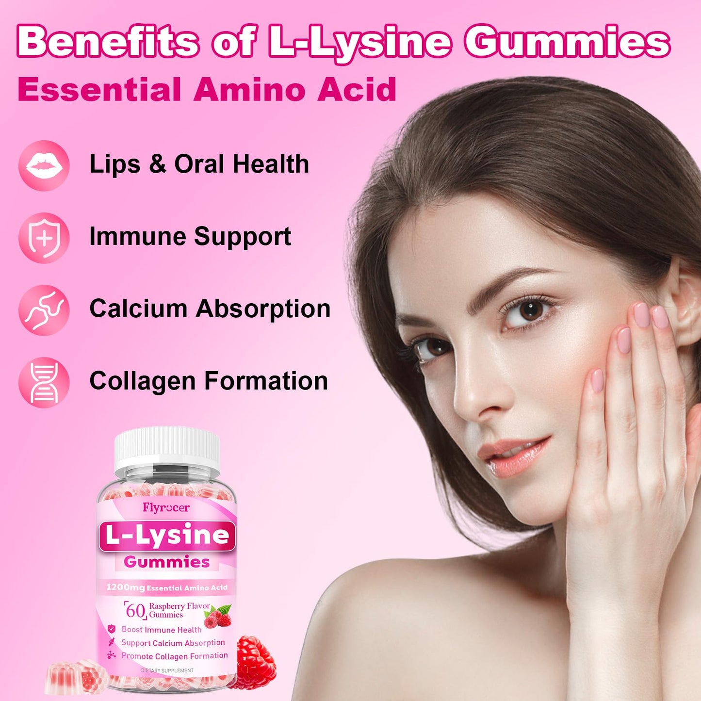 Flyrocer 2 Pack 1000mg L-Lysine Gummies – Lips & Oral Health, Immune Support, Collagen & Calcium, Vegan Raspberry, 120 Count