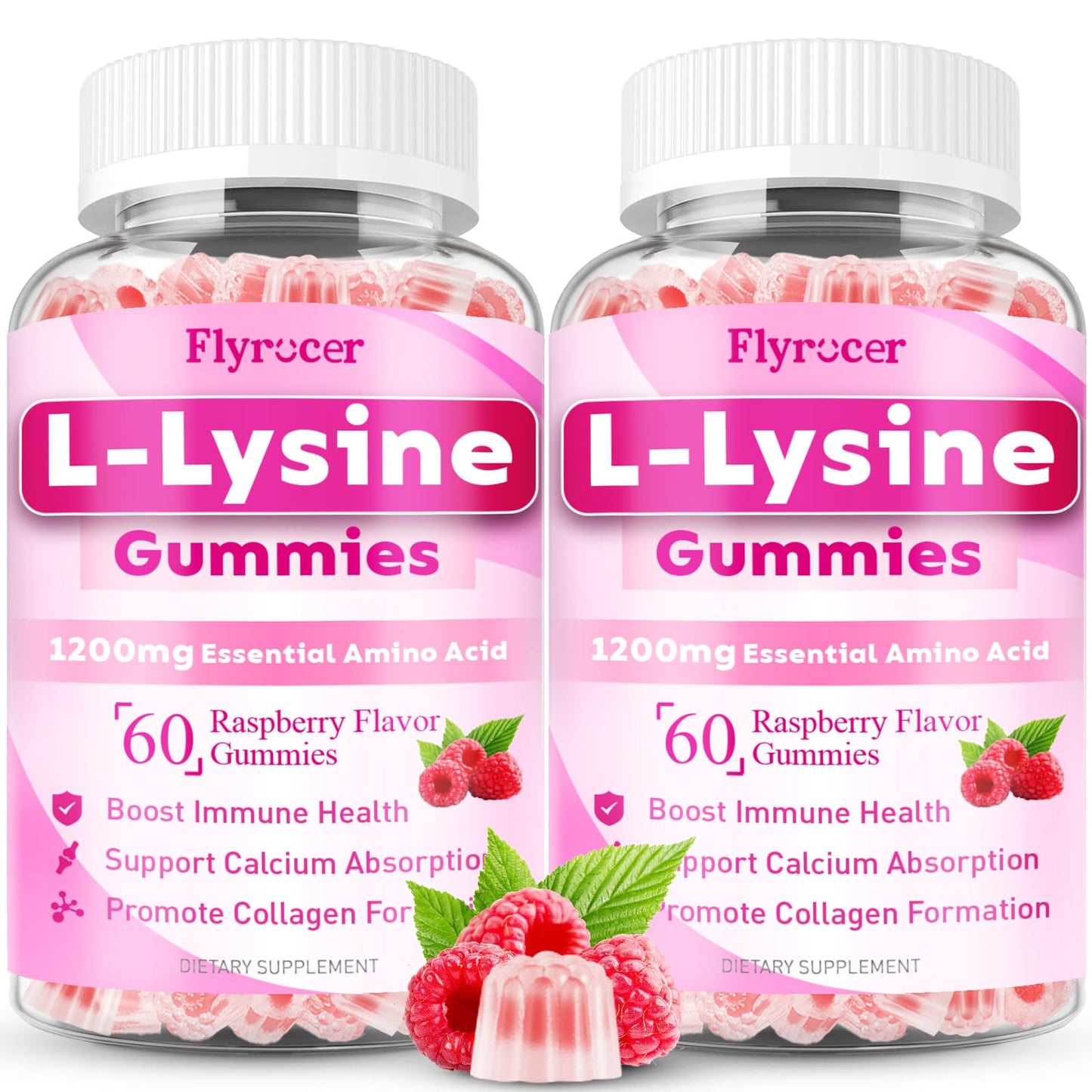 Flyrocer 2 Pack 1000mg L-Lysine Gummies – Lips & Oral Health, Immune Support, Collagen & Calcium, Vegan Raspberry, 120 Count