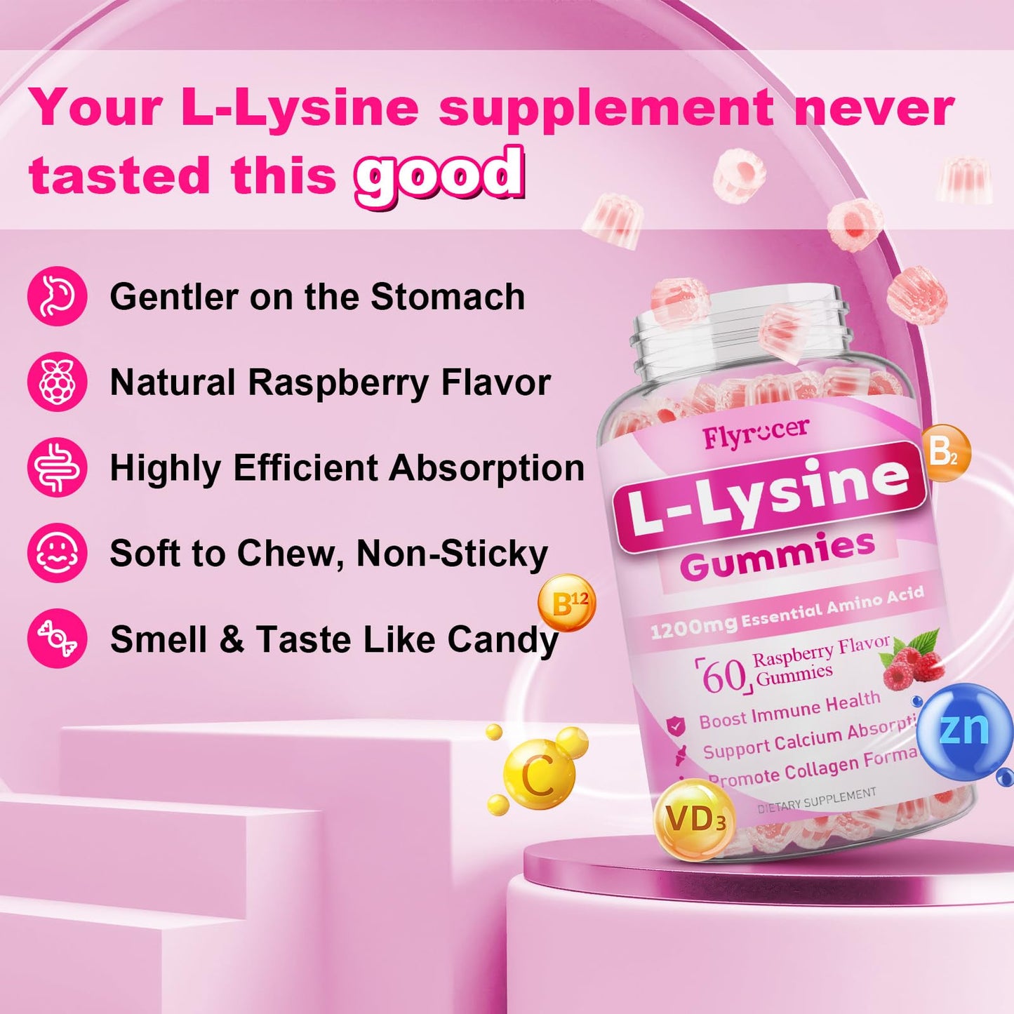 Flyrocer 2 Pack 1000mg L-Lysine Gummies – Lips & Oral Health, Immune Support, Collagen & Calcium, Vegan Raspberry, 120 Count