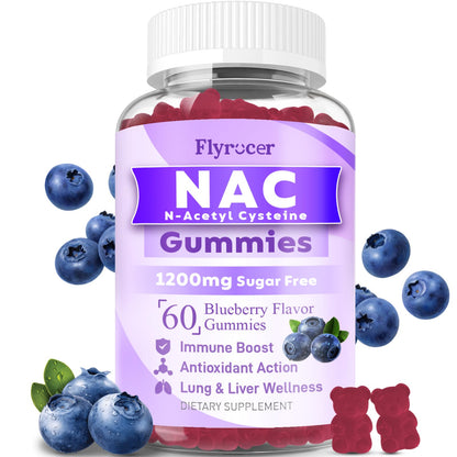 Flyrocer NAC Gummies 1200mg – Sugar-Free N-Acetyl Cysteine for Immune Support & Liver Health, Blueberry Flavor, 60 Count