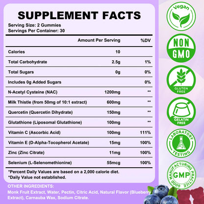 Flyrocer NAC Gummies 1200mg – Sugar-Free N-Acetyl Cysteine for Immune Support & Liver Health, Blueberry Flavor, 60 Count