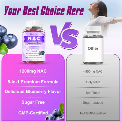 Flyrocer NAC Gummies 1200mg – Sugar-Free N-Acetyl Cysteine for Immune Support & Liver Health, Blueberry Flavor, 60 Count