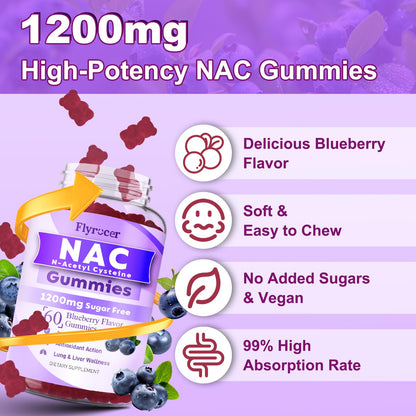 Flyrocer NAC Gummies 1200mg – Sugar-Free N-Acetyl Cysteine for Immune Support & Liver Health, Blueberry Flavor, 60 Count