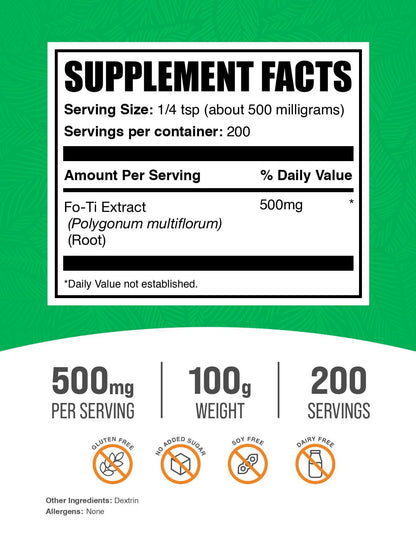 BulkSupplements Fo-Ti Extract Powder – 500 mg per Serving, 100 g (3.5 oz) Pack of 2 | Gluten Free Fo-Ti Root Powder (He Shou Wu)