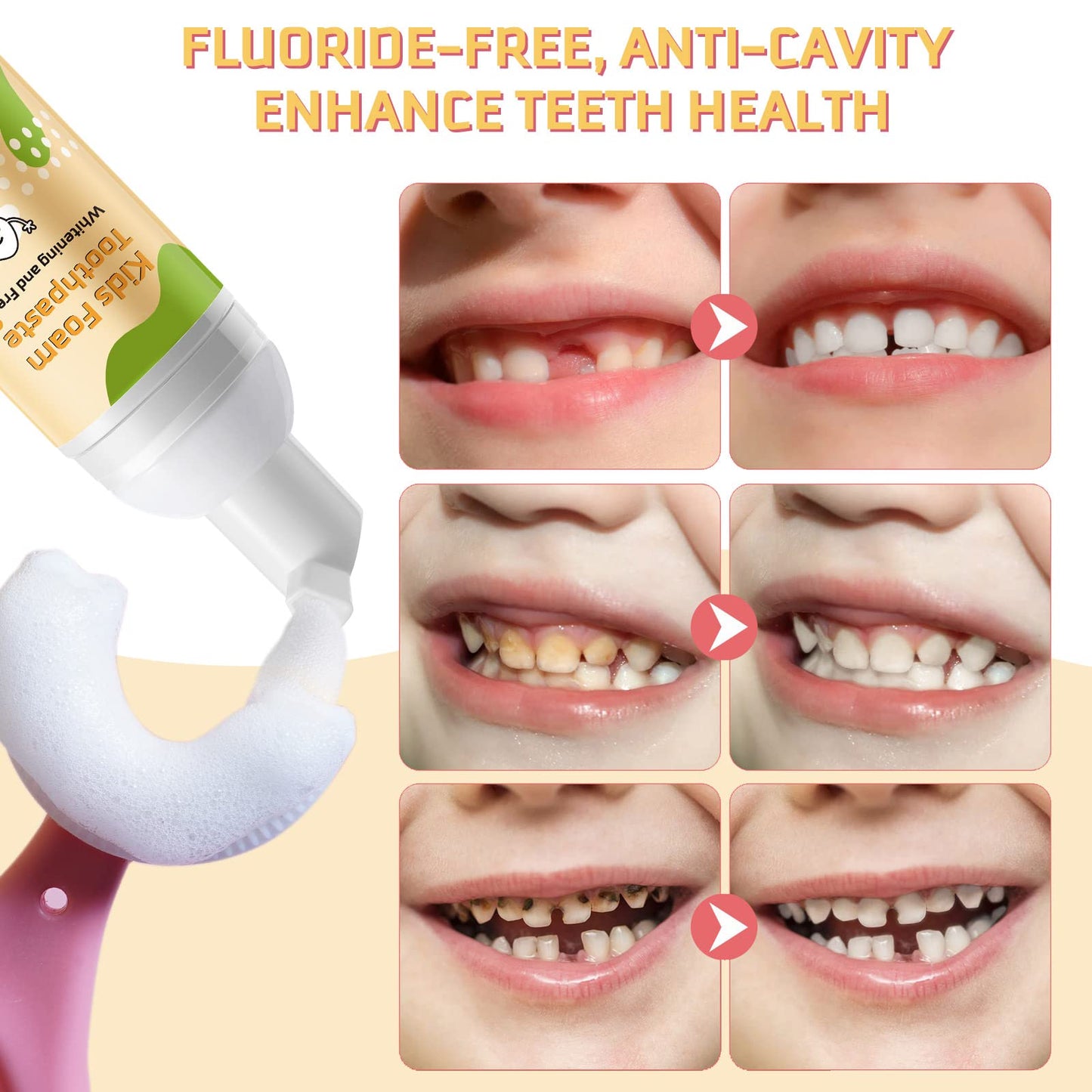 Foam Toothpaste for Kids | Low Fluoride & U-Shape Toothbrush