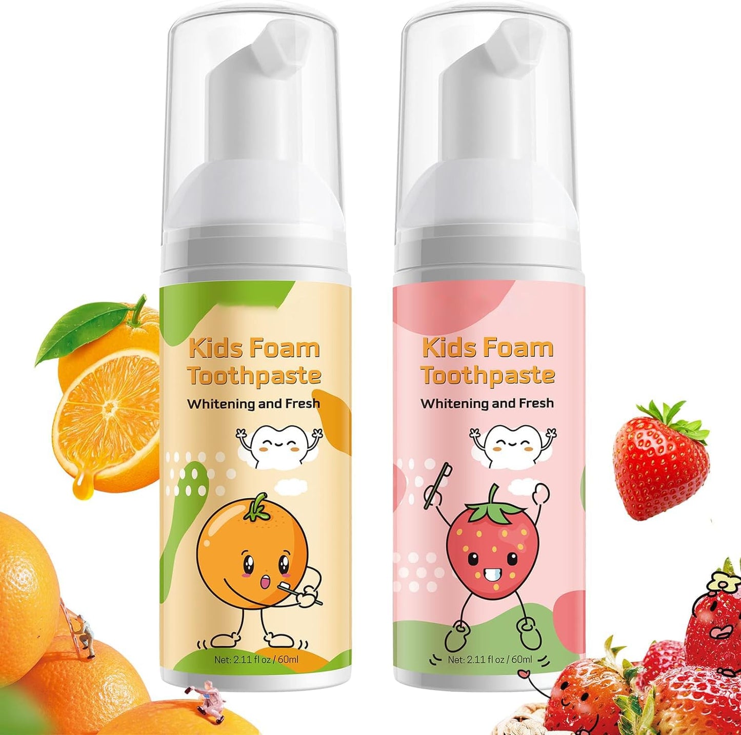 Kids Foam Toothpaste 2-Pack – Strawberry & Orange, Gentle 360° Care, Fluoride Free