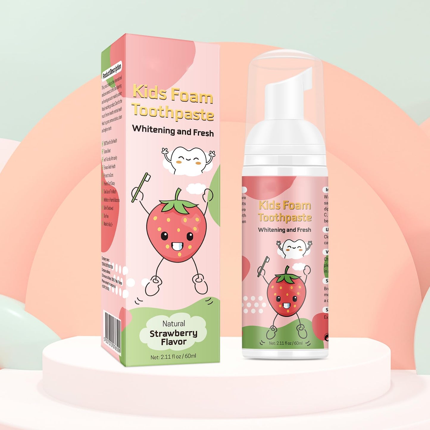 Foam Toothpaste Kids 2PCS – Strawberry Flavor, 60ml x 2, U-Shape & Electric Toothbrush Compatible