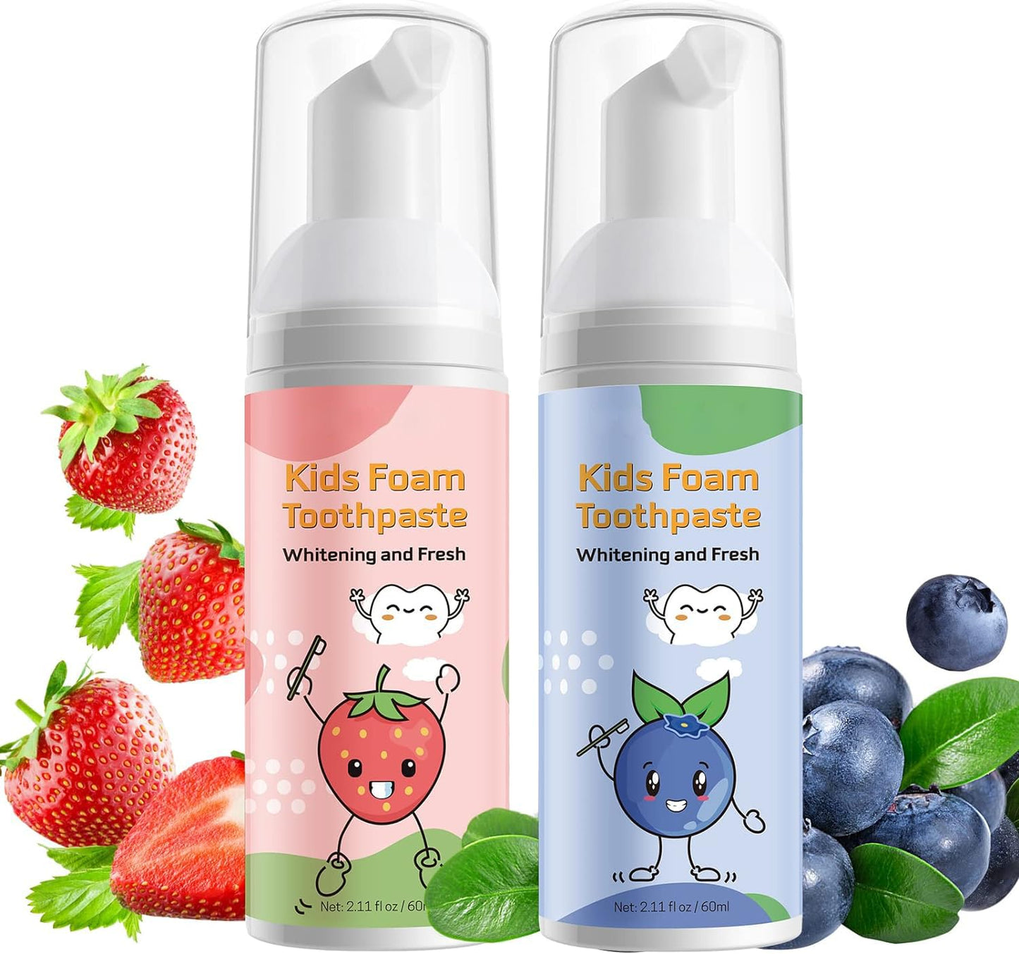 Foam Toothpaste Kids 2PCS – Fluoride-Free, Strawberry & Blueberry, 60ml x 2, U-Shape & Electric Toothbrush Compatible